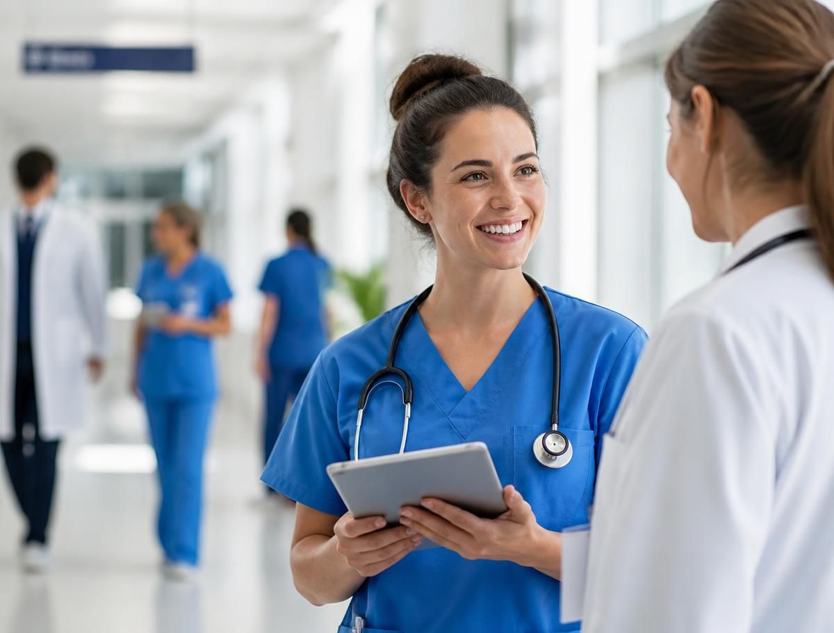 A nursing student in blue scrubs holding a tablet, talking with a clinician in a bright hospital corridor