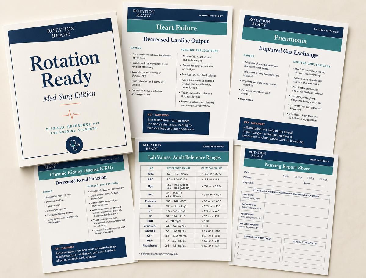 Printed Med-Surg Kit pages fanned across a desk: cover, pathophysiology sheets, lab reference table and report sheet